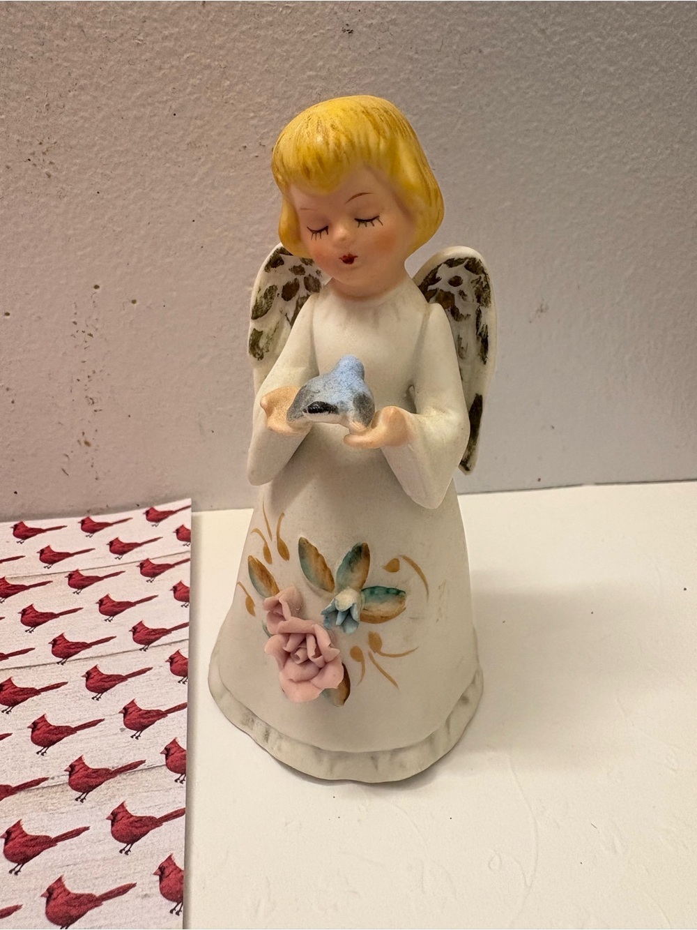 Ceramic Angel Bell with Blue Bird and Pink Rose